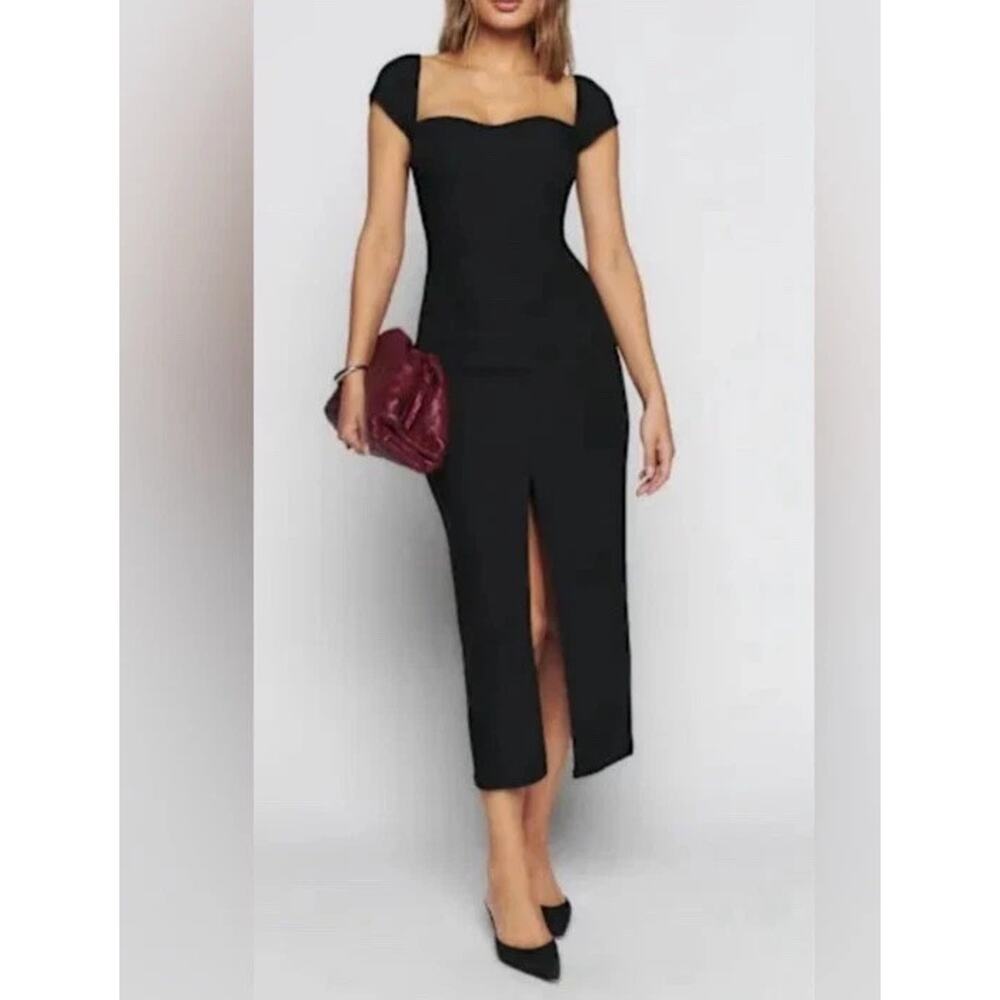 Reformation Bridgton Black Off Shoulder Midi Linen Dress Size 8